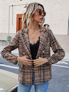 Full Size Plaid Lapel Collar Blazer