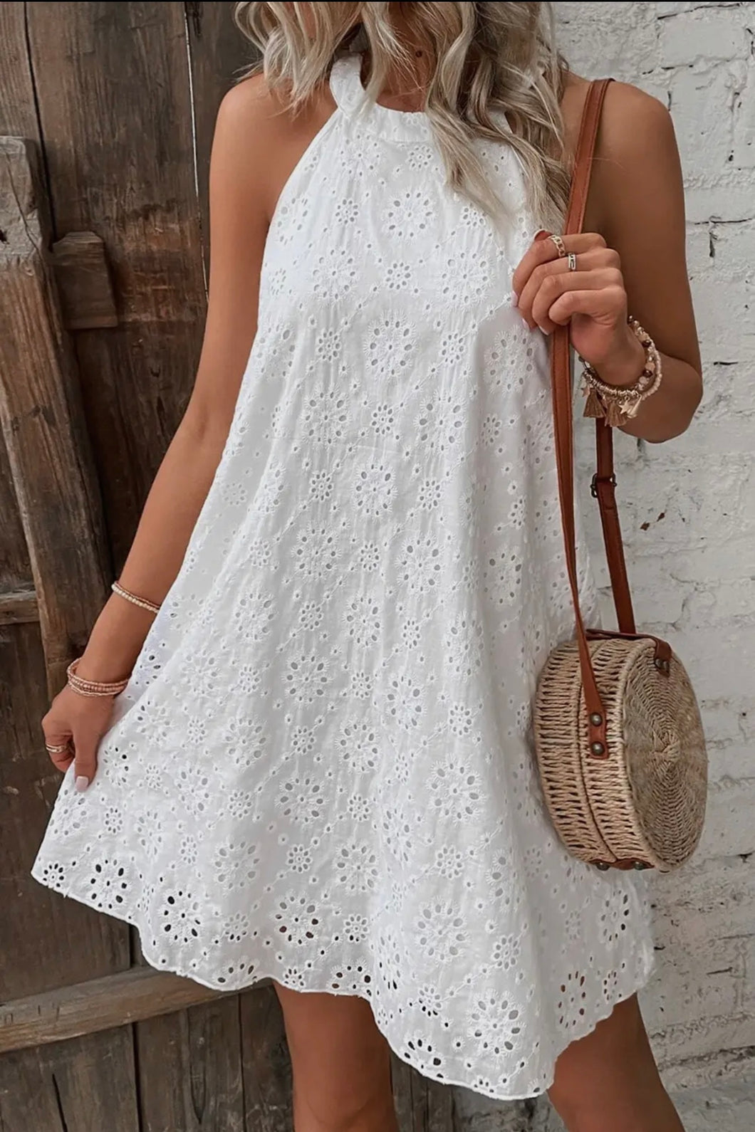 Boho Eyelet Halter Dress