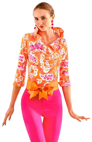 Gretchen Scott 3/4 Sleeve Ruffneck Top - Flora