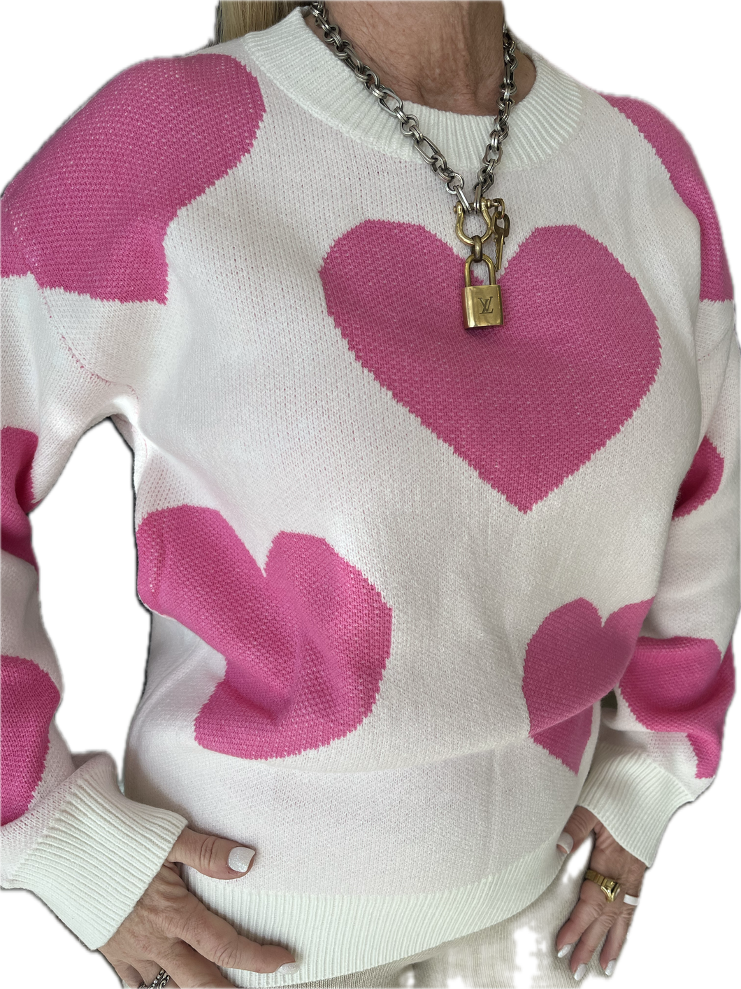 White and Pink Heart Sweater