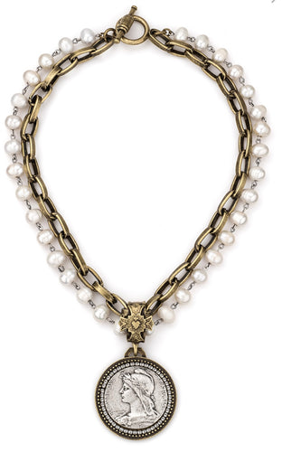 FRENCH KANDE DOUBLE STRANDED PEARLS WITH SILVER WIRE, LYON CHAIN AND CHEMINS MEDALLION AND SWAROVSKI