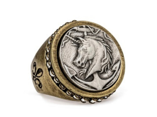 French Kande Euro Crystal Signet Ring with Colonies Medallion