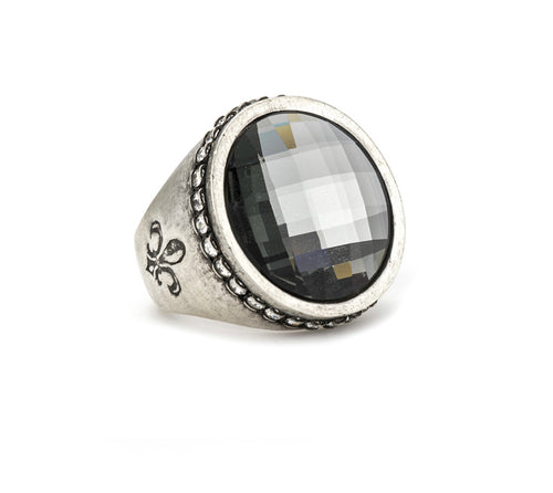 French Kande Silver Euro Crystal Signet Ring with Black Diamond Euro Crystal