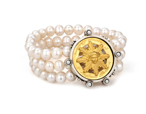 French Kande Triple Stranded White Pearl with 24K Gold Sun King Medallion