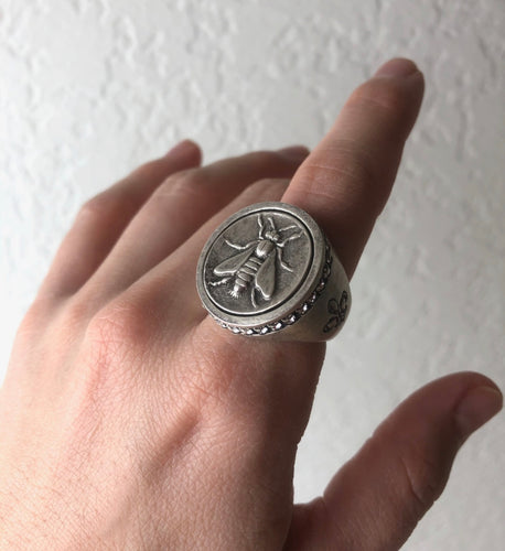 French Kande Silver Swarovski Signet Ring with Mini Abeille Medallion