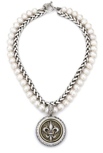 French Kande Double Stranded Pearls and Cheval Chain with Centennial Fleur Stack Medallion and Swarovski