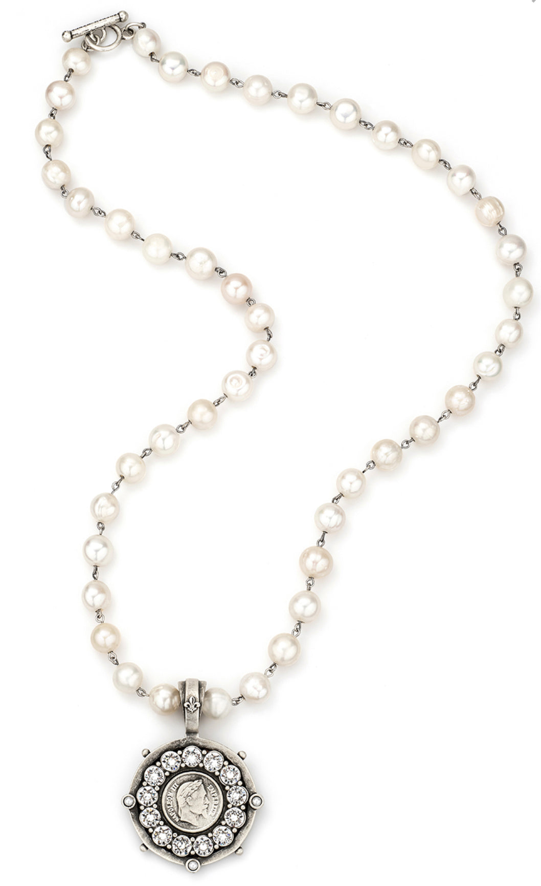 French Kande Pearls with Silver Wire, Mini Napoleon Medallion and Euro Crystal