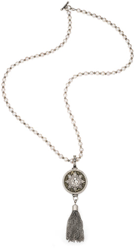 French Kande White Pearls and Labradorite with William Patrie Stack Medallion and Tassel