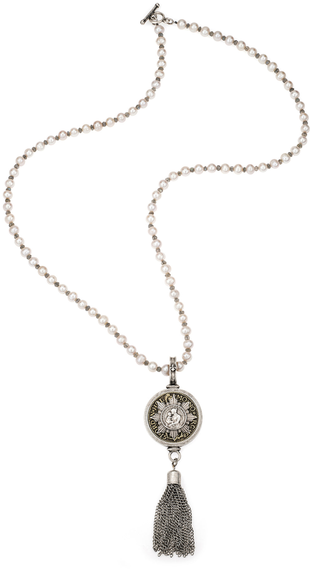 French Kande White Pearls and Labradorite with William Patrie Stack Medallion and Tassel