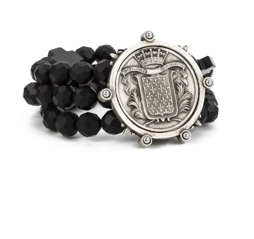 French Kande Triple Stranded Faceted Black Onyx with Mont Joye Medallion