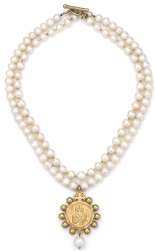 French Kande Double Strand Pearls and Gold Heishi with Gold Crowning Mary Medallion