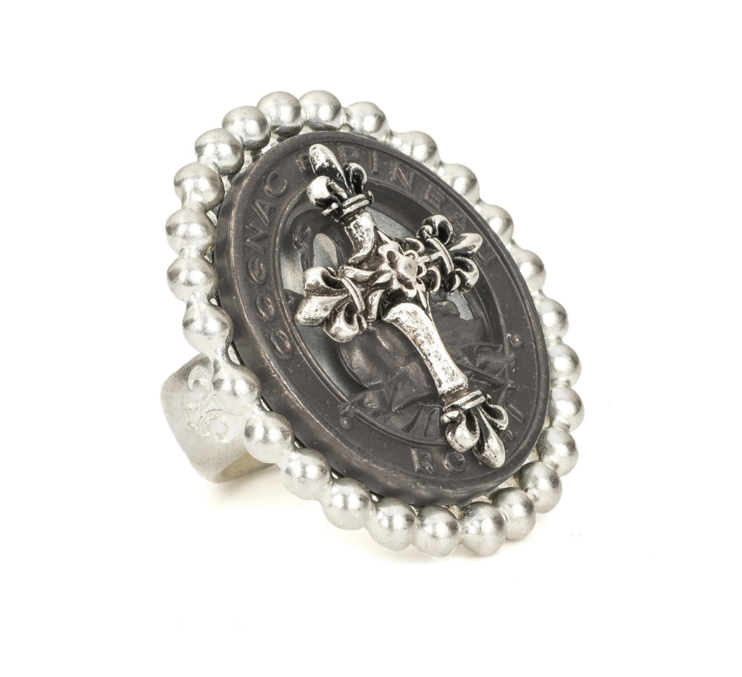 French Kande Petite Bezel Ring with Graphite Pineau Cross Stack Medallion