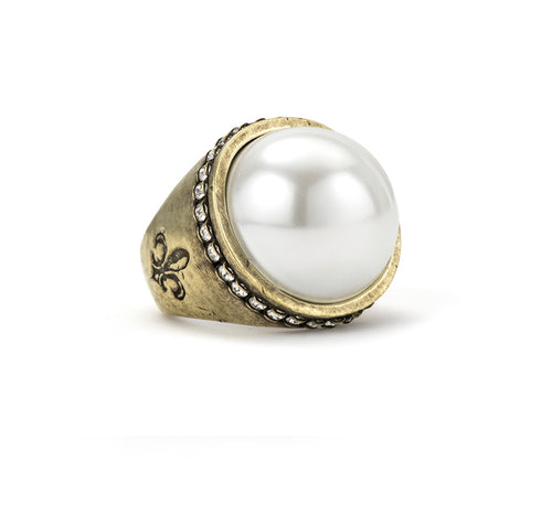 French Kande Euro Crystal Signet Ring with Pearl Cabochon