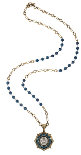 French Kande Blue Apatite with Toulouse Chain, Mini Abeille Medallion and Austrian Crystal