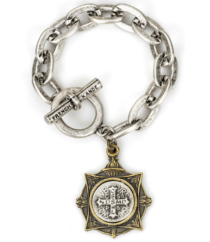 French Kande Silver Lourdes Chain with Mini Saint Benedict Medallion