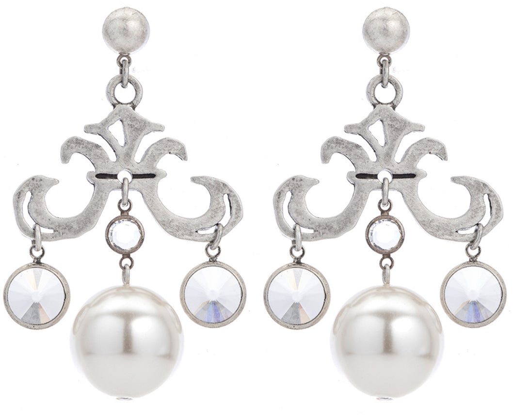 French Kande Grand Fleur Earrings with Euro Crystal and Pearl Dangles