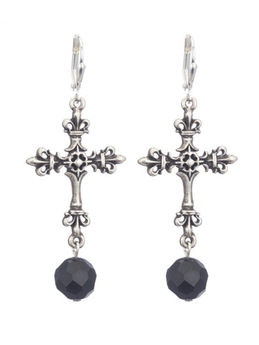 French Kande Silver FDL Cross Earrings with Black Onyx