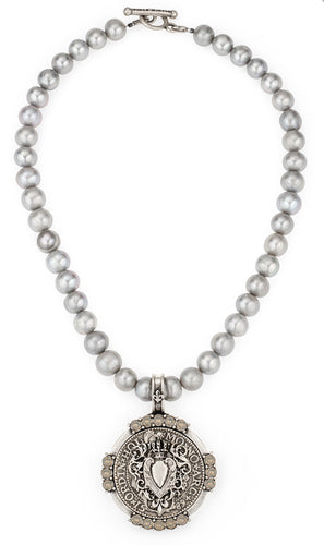French Kande Pearls with William Heart Stack Medallion