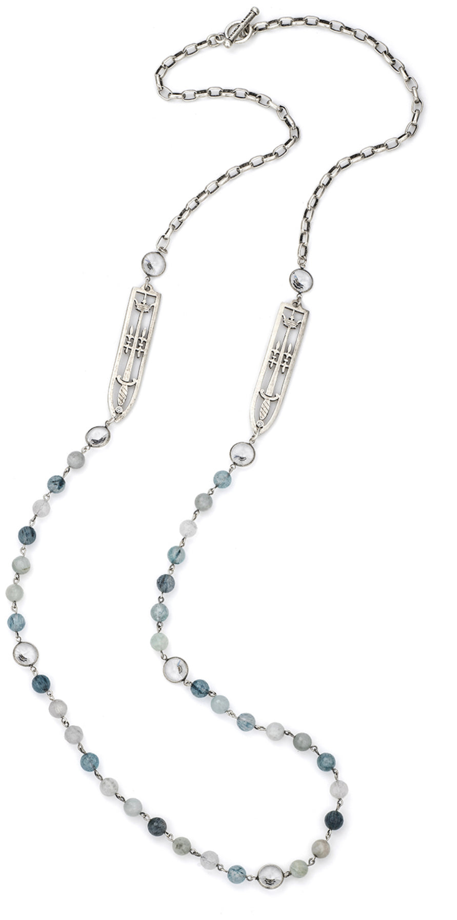 French Kande Denim Mix with Silver Wire, Chain, Euro Crystal and Sword and Crown Pendents