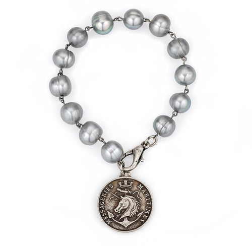 French Kande Silver Pearls with Colonies Medallion