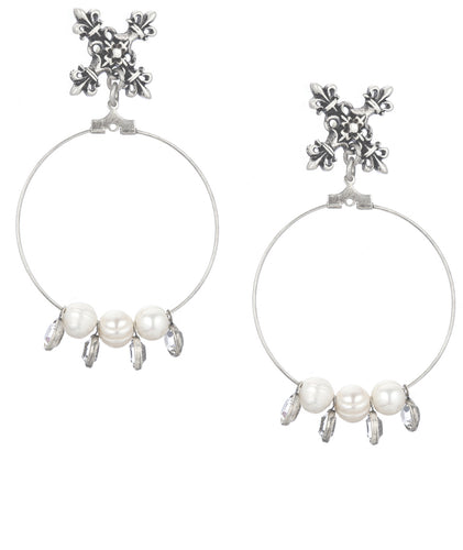 French Kande X Pendent Pearl and Euro Crystal Hoop Earrings
