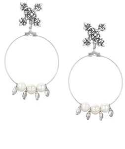 French Kande X Pendent Pearl and Euro Crystal Hoop Earrings