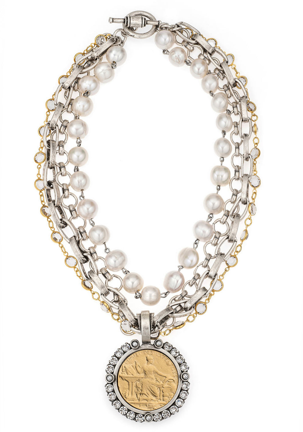 French Kande Four Strand Austrian Crystal, Pearl, and Chains with Comite Medallion