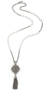 French Kande White Pearl with Silver Wire, Alsace Cahin, Pineau Cross ll Stack Medallion and Tassel Necklace