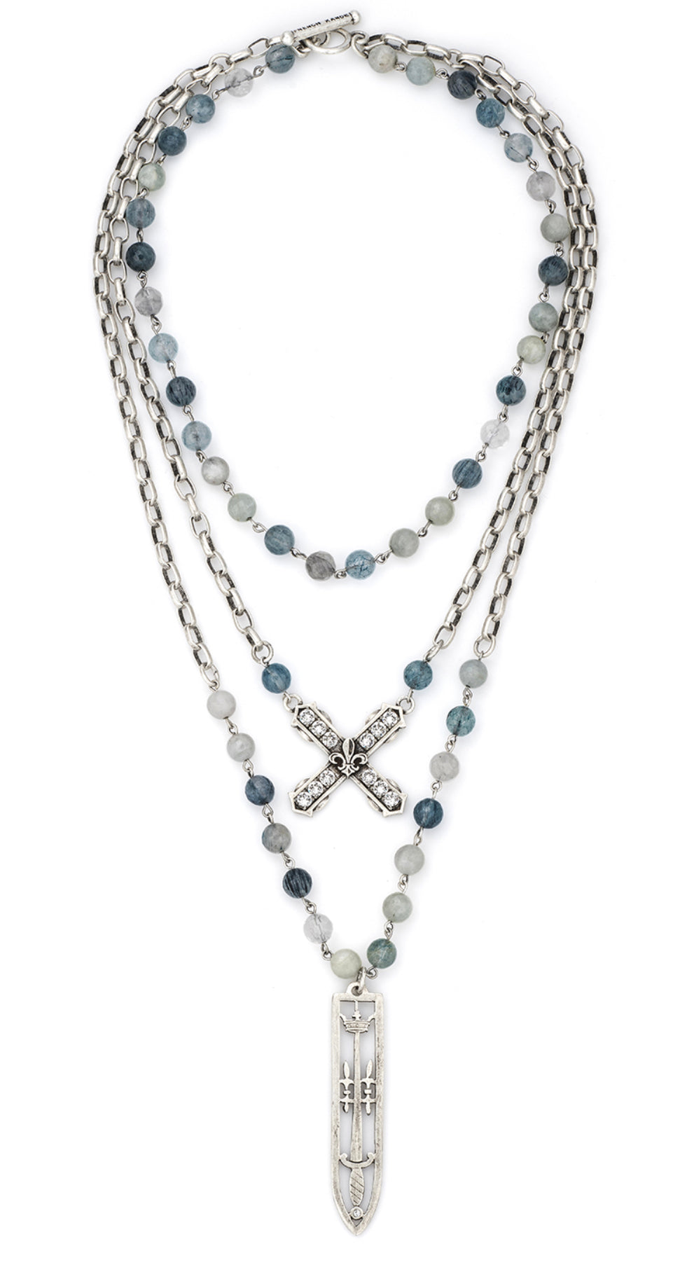 French Kande Triple Strand Denim Mix with Silver Wire, Alsace Chain, Swarovski French Kiss and Sword and Crown Pendent